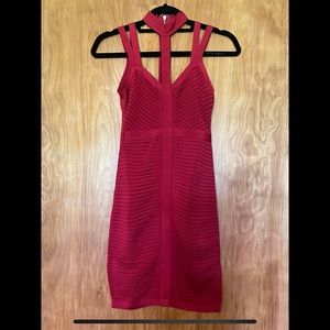 Red Bandeau Mini Dress with Neck Detail.